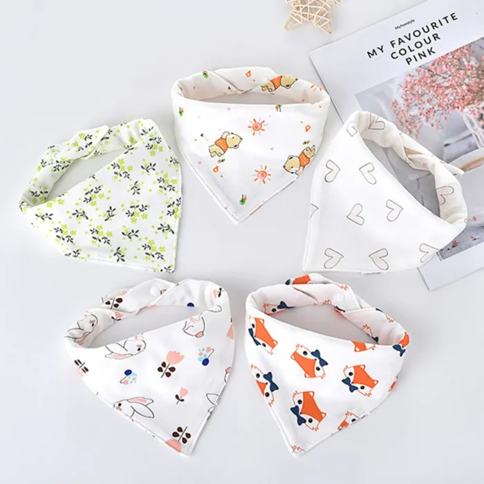 5pcs/lot Baby Bibs Triangle Double Cotton Bibs Cartoon Print Saliva Towel Baby Boys Girls Feeding - Image 2