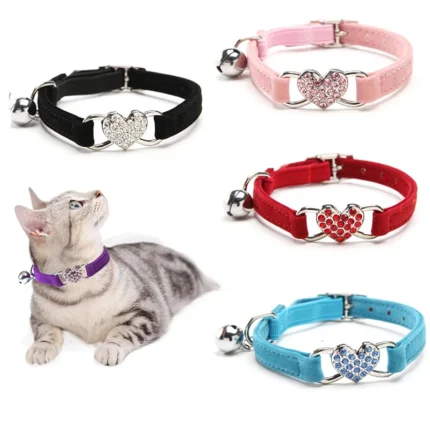 Heart Charm and Bell Cat Collar Safety Elastic Adjustable with Soft Velvet Material