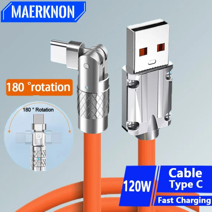 120W USB Type C Cable 180° Rotating 6A Cable Fast Charging Data Cable Data Line PD USB To Type C