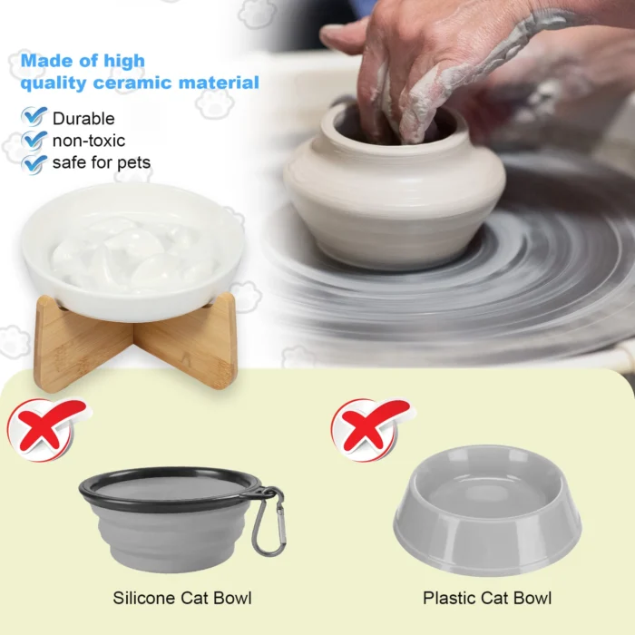Raised Cat Bowl Elevated Cat Bowls with Wood Stand Ceramic Slow Feeder Bowl - Image 5