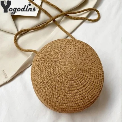 Round Straw Bag Women Woven Beach Crossbody Bag for Ladies Cute Shoulder
