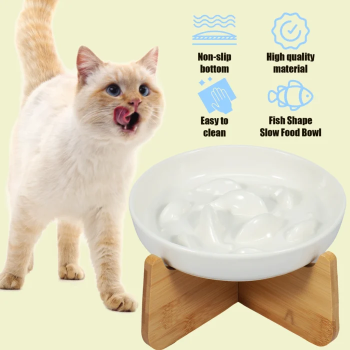 Raised Cat Bowl Elevated Cat Bowls with Wood Stand Ceramic Slow Feeder Bowl - Image 2