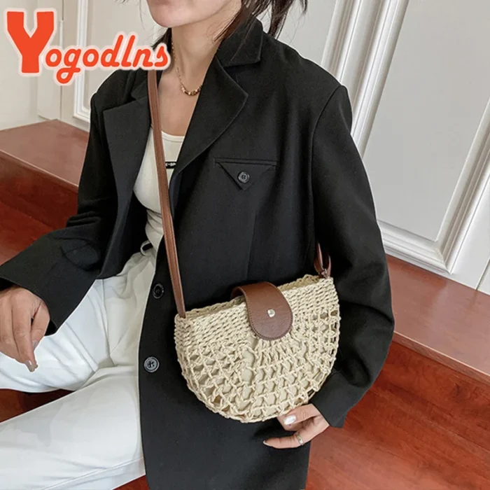 Yogodlns Summer Straw Bag For Women Fashion Semicircle Crossbody Bags - Image 2