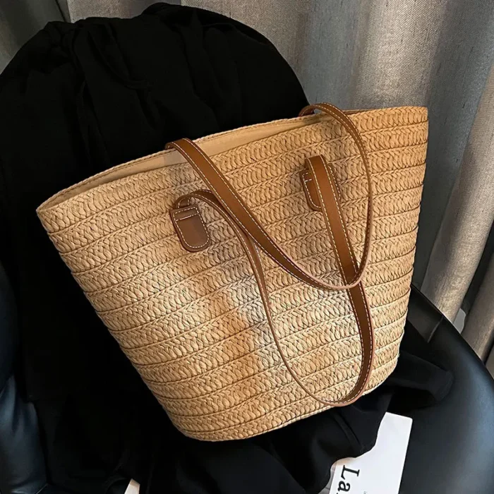 Women's Large Capacity Shoulder Bag Summer Straw Woven Basket Handbag
