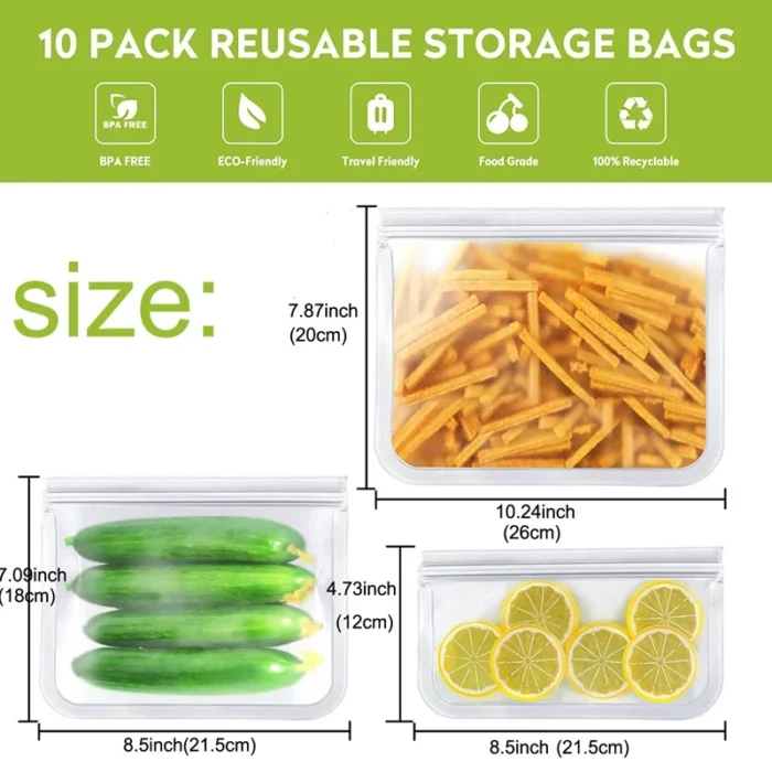10 Piece Reusable BPA Free Freezer Bags Leakproof Silicone and Plastic Free Travel Bags - Image 3