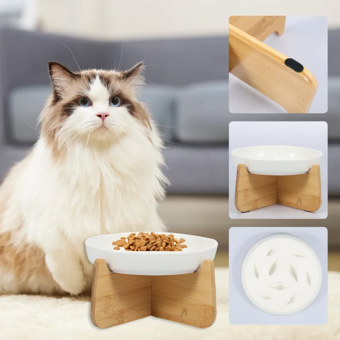 Raised Cat Bowl Elevated Cat Bowls with Wood Stand Ceramic Slow Feeder Bowl - Image 6