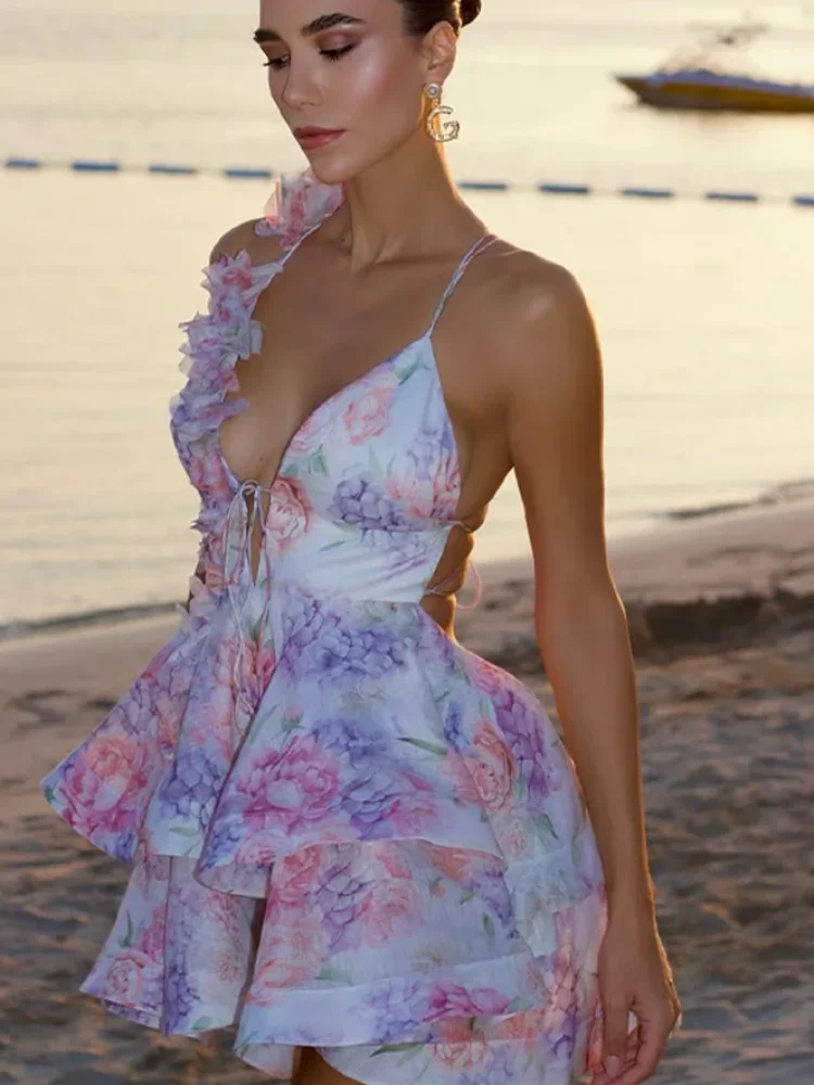 Chic Floral Printed Mini Dress Backless Sleeveless Hem Stacking Dresses - Image 4