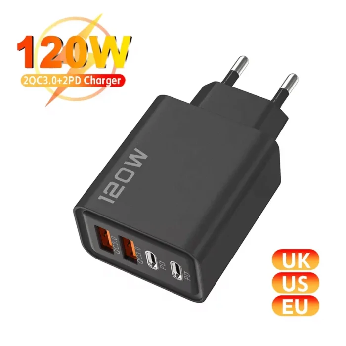 4 Port USB Charger Total 120W Type C Fast Charge Mobile Phone Adapter Quick Charge Wall Charger