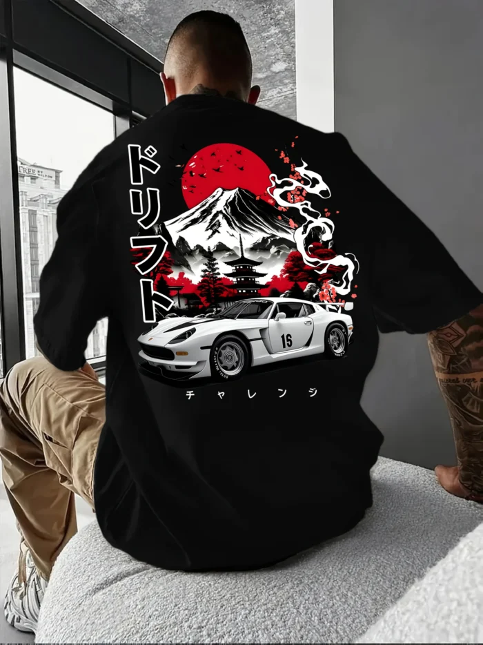 The 2025 summer new men's T-shirt features a Japanese casual and fashionable sports car pattern printed short sleeve