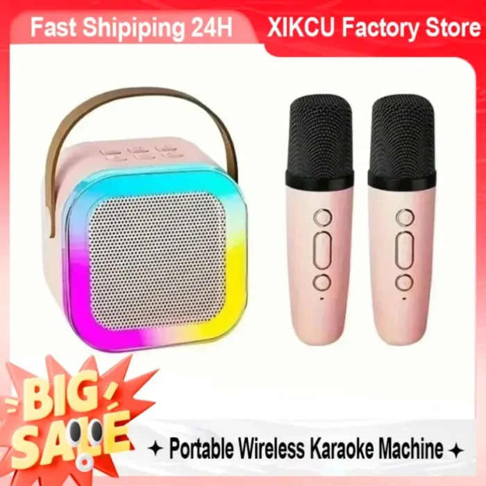 XIKCU Karaoke Machine With 2 Wireless Microphones Portable Wireless RGB Lights