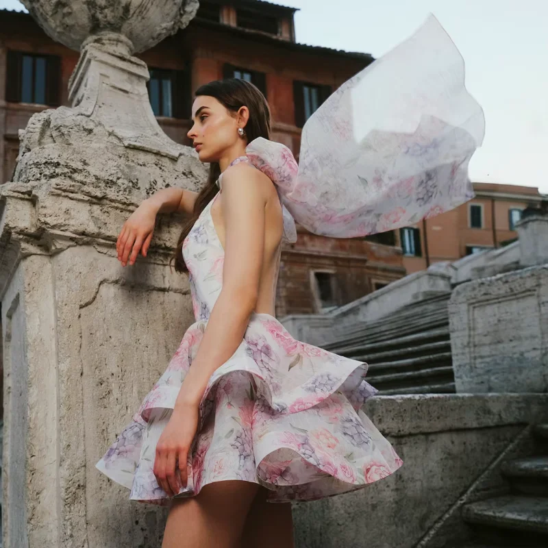 Chic Floral Printed Mini Dress Backless Sleeveless Hem Stacking Dresses - Image 2