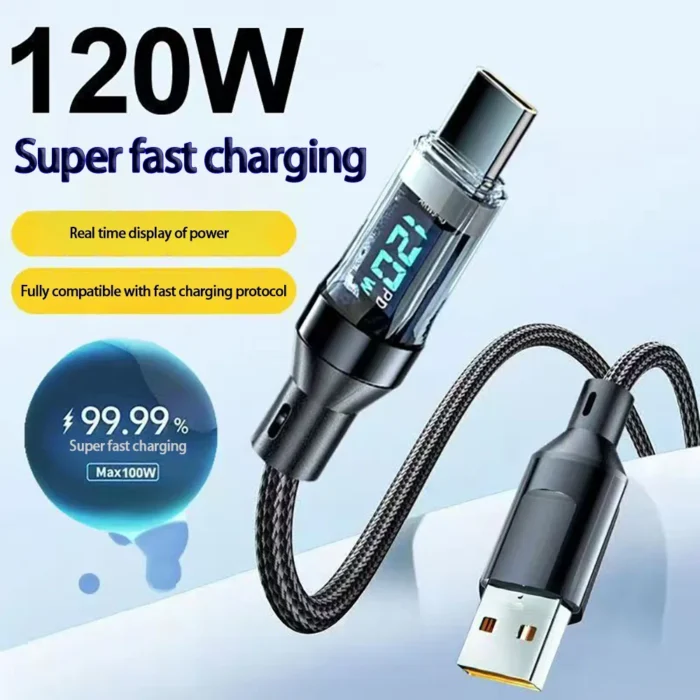 120W USB Phone Super Fast Charging Cable With LED Display 100W Type-C To Type-C Data Cord